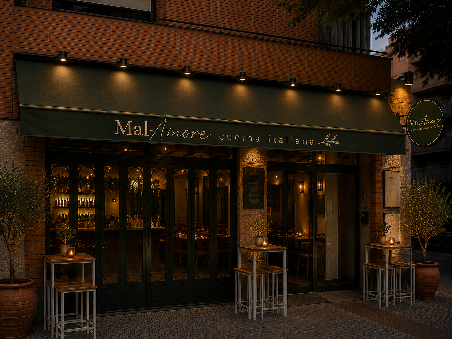 Fachada de MalAmore iluminada al atardecer en Alcobendas