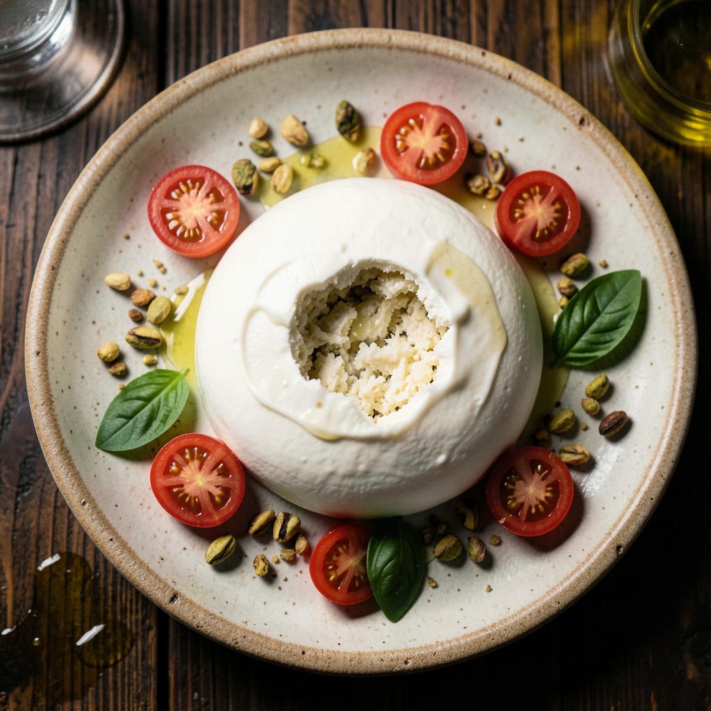 Burrata con Pomodorini e Pistacchi / Burrata con Tomates y Pistachos · MalAmore, cucina italiana en Alcobendas
