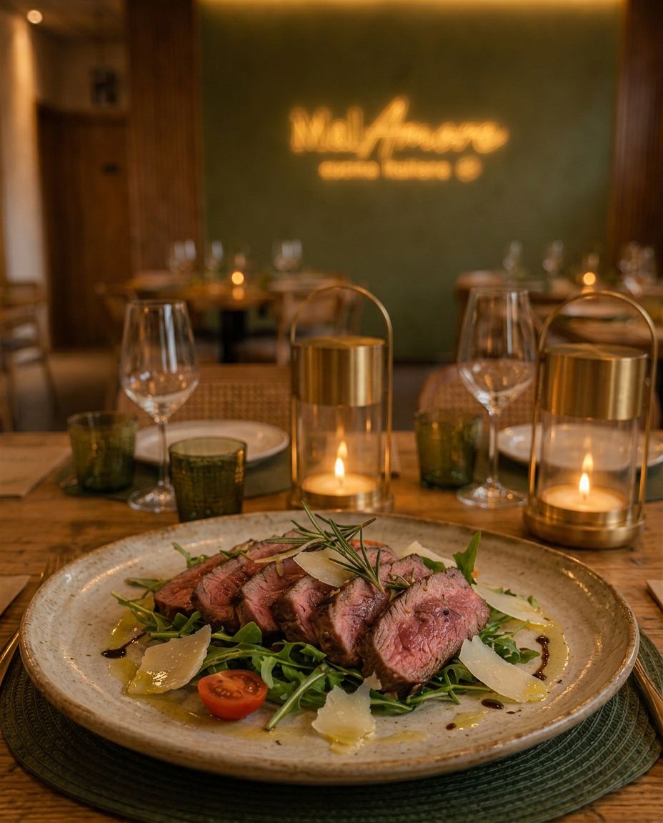Tagliata di manzo con rucola e grana / Tagliata de ternera con rúcula y parmesano · MalAmore, cucina italiana en Alcobendas