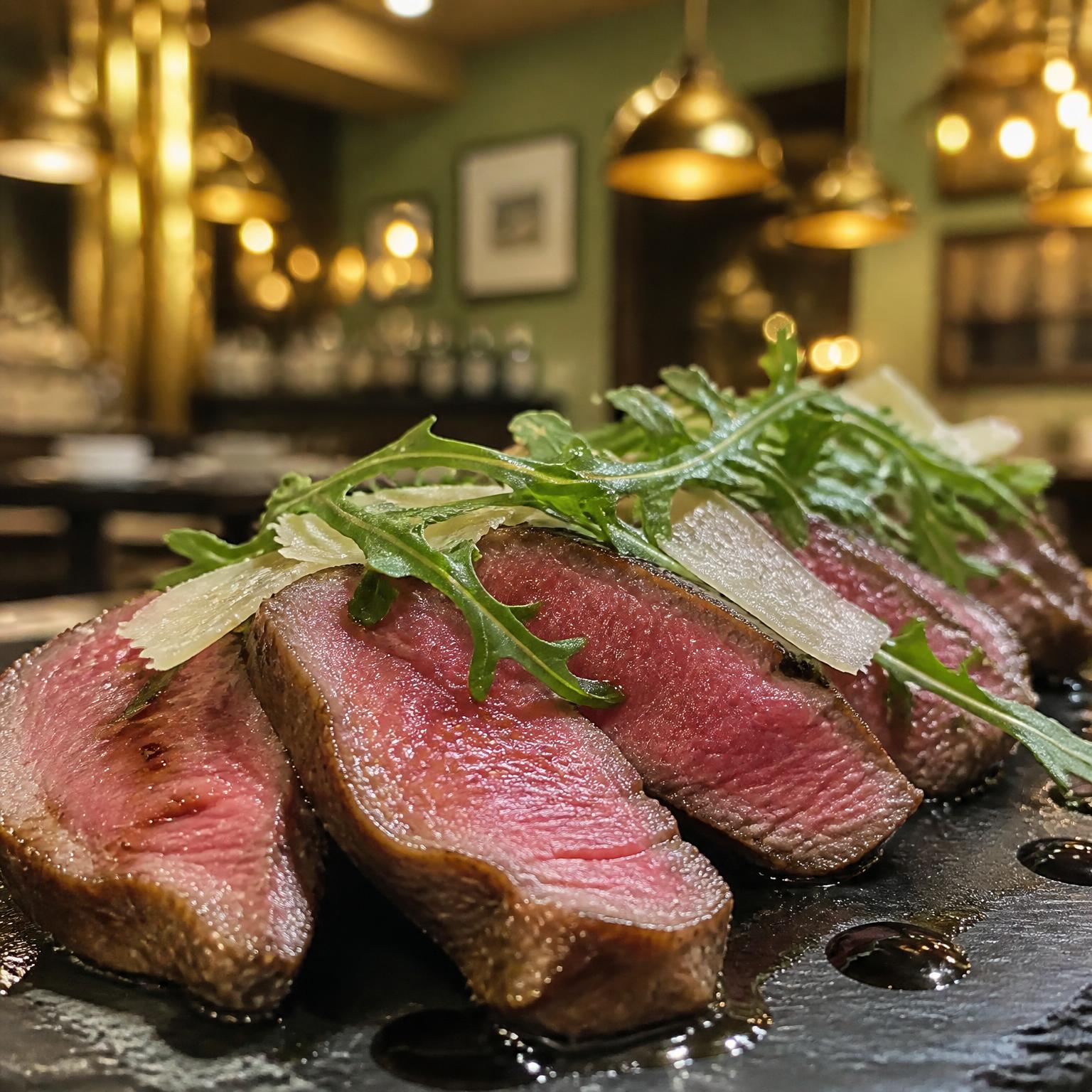 Tagliata di controfiletto con rucola e grana / Lomo bajo de ternera con rúcula y Grana Padano · MalAmore, cucina italiana en Alcobendas