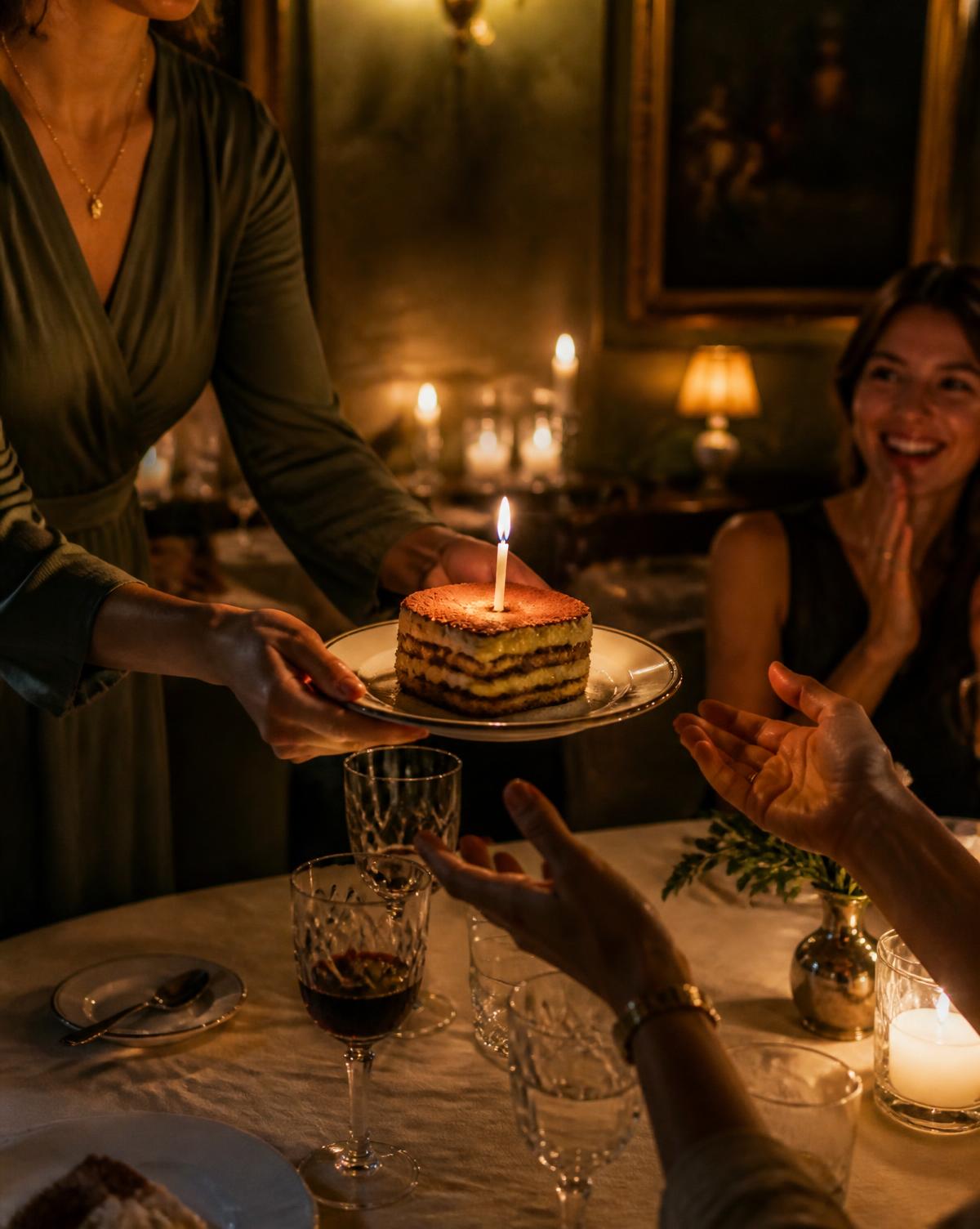 Postre con una vela encendida llegando a la mesa en una celebración de cumpleaños en MalAmore