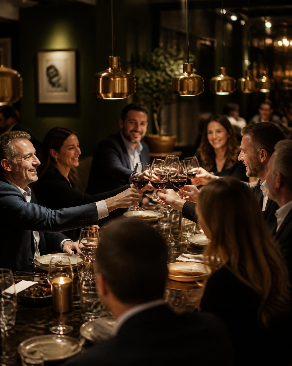 Grupo brindando con copas de vino en una cena de empresa en MalAmore