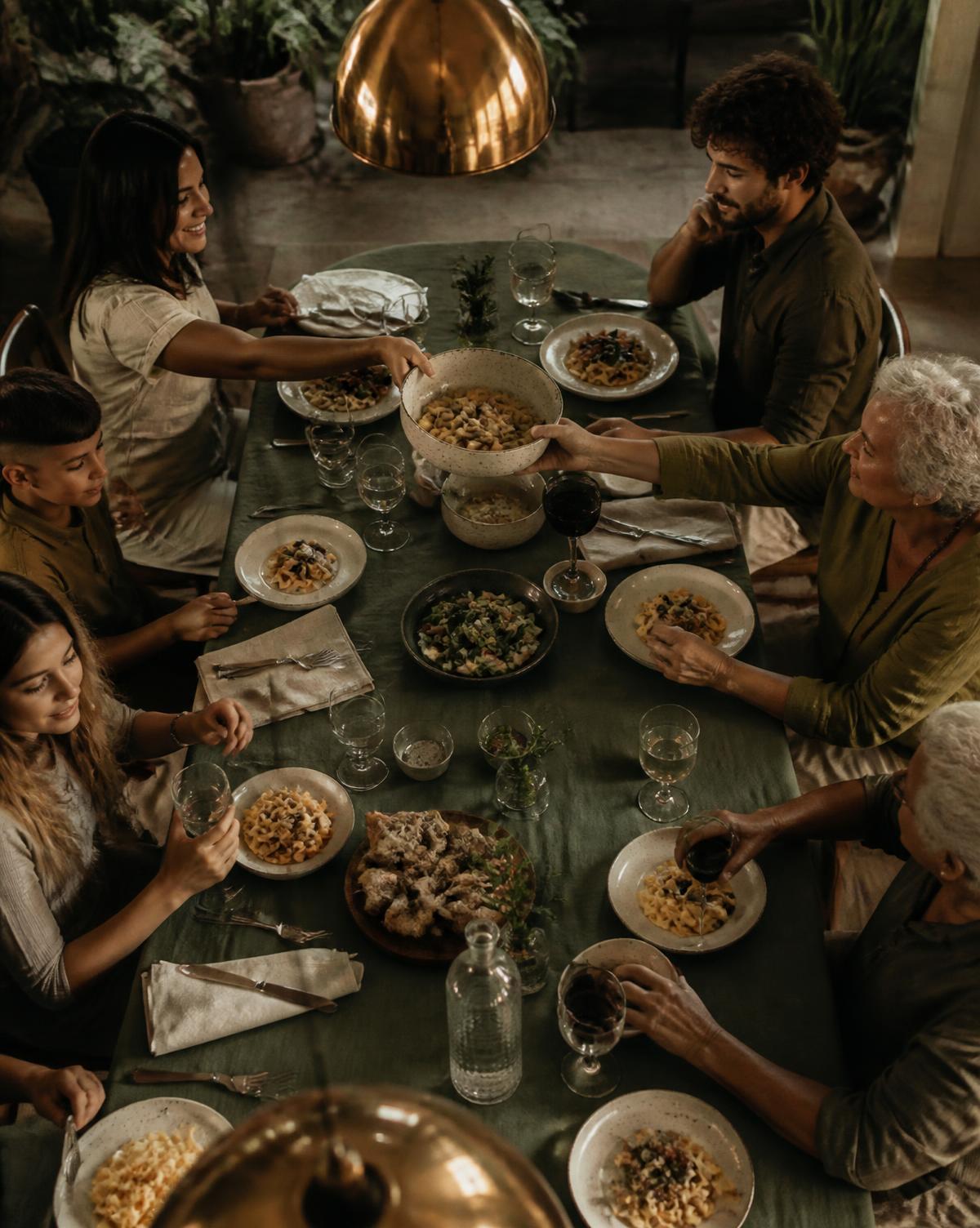 Mesa larga familiar con platos de pasta compartidos entre tres generaciones en MalAmore