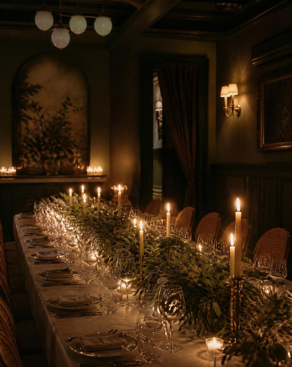 Sala privada preparada con velas y ramas de olivo sobre una mesa larga en MalAmore