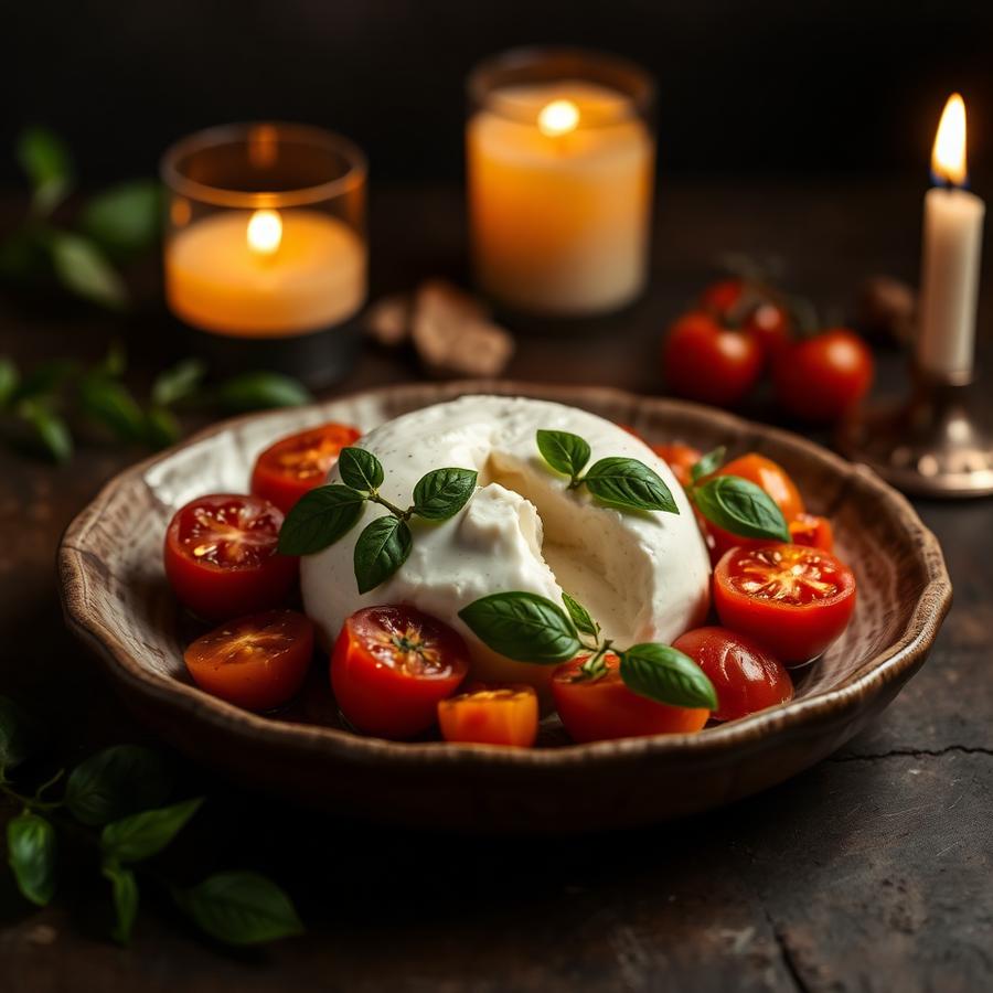 Burrata con tomates y albahaca