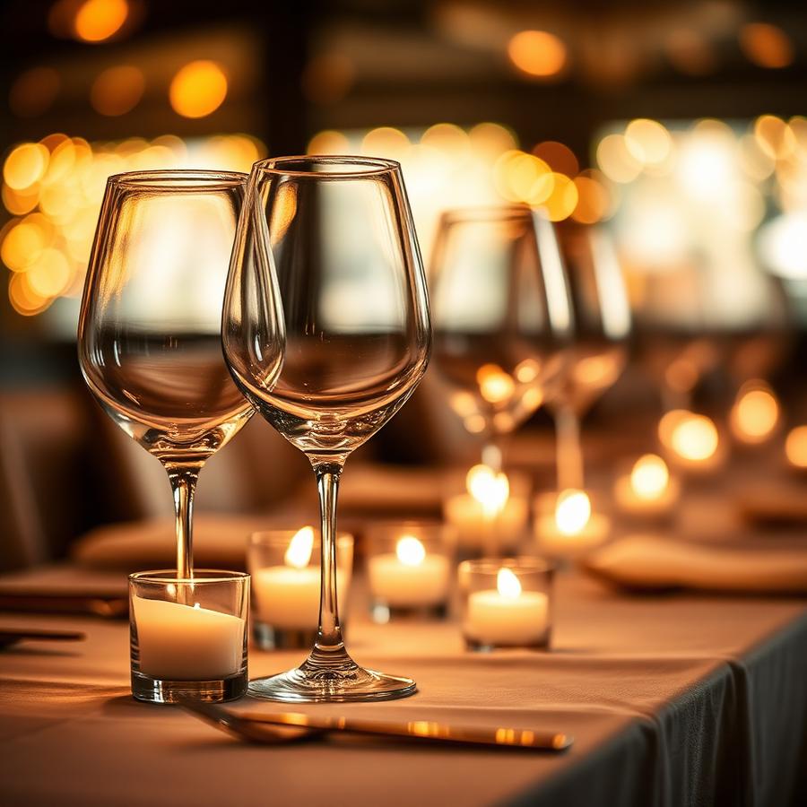 Copas de vino y velas encendidas sobre mantel de lino