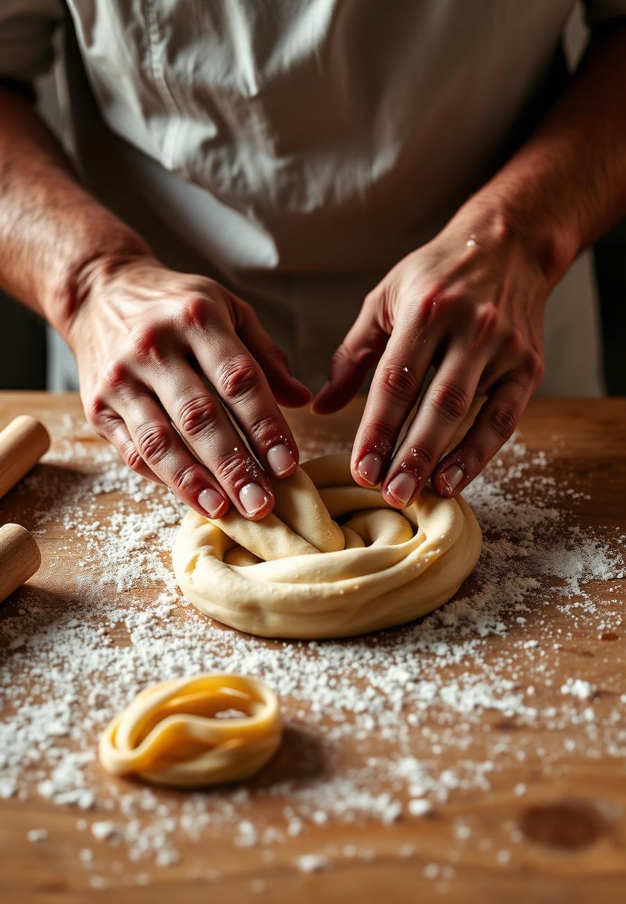 Manos amasando pasta fresca sobre madera enharinada