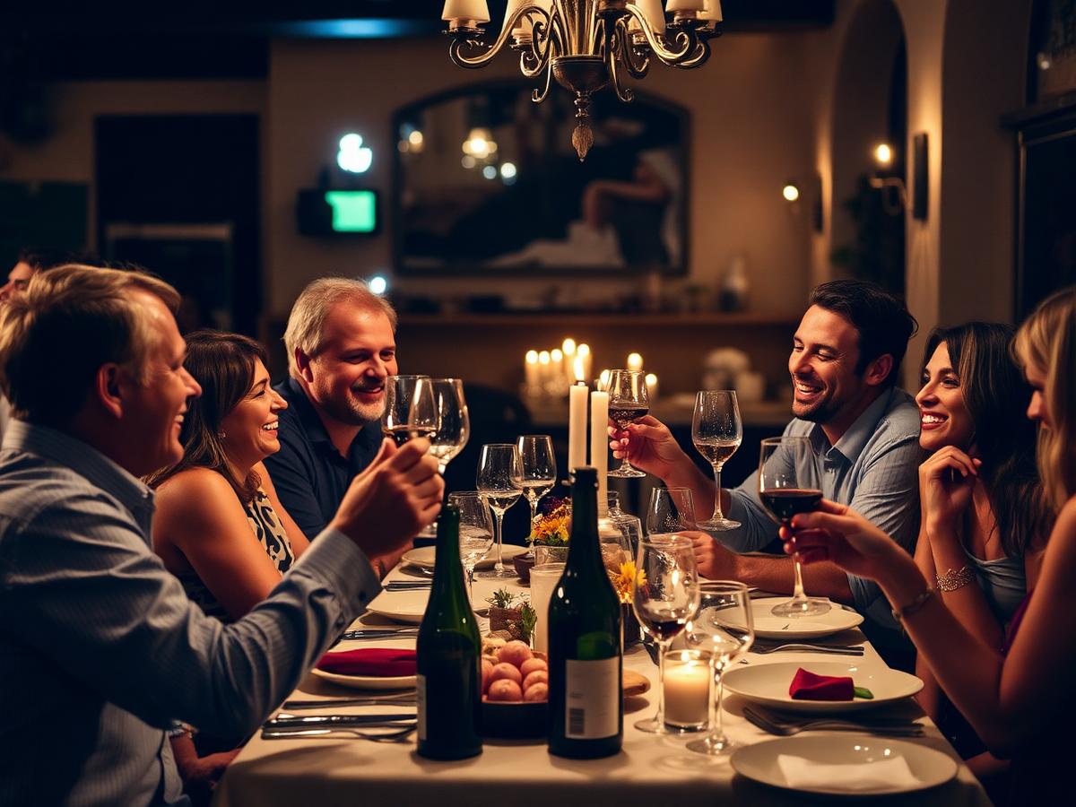 Amigos brindando y riendo alrededor de la mesa