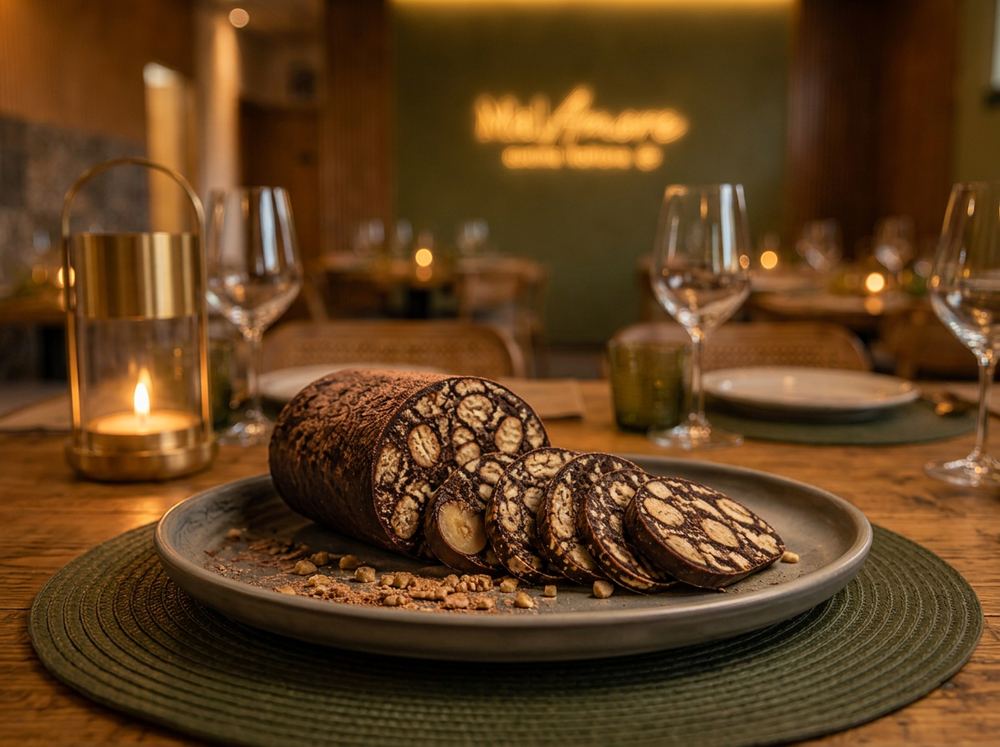 Salame al Cioccolato Fondente / Salchichón de Chocolate Negro · MalAmore, cucina italiana en Alcobendas