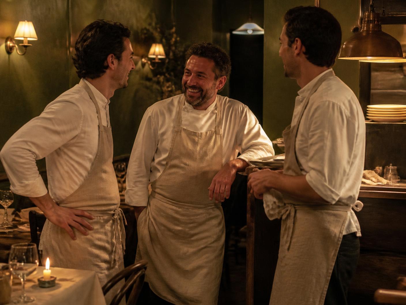 Parte del equipo de MalAmore riendo junto al pase de cocina