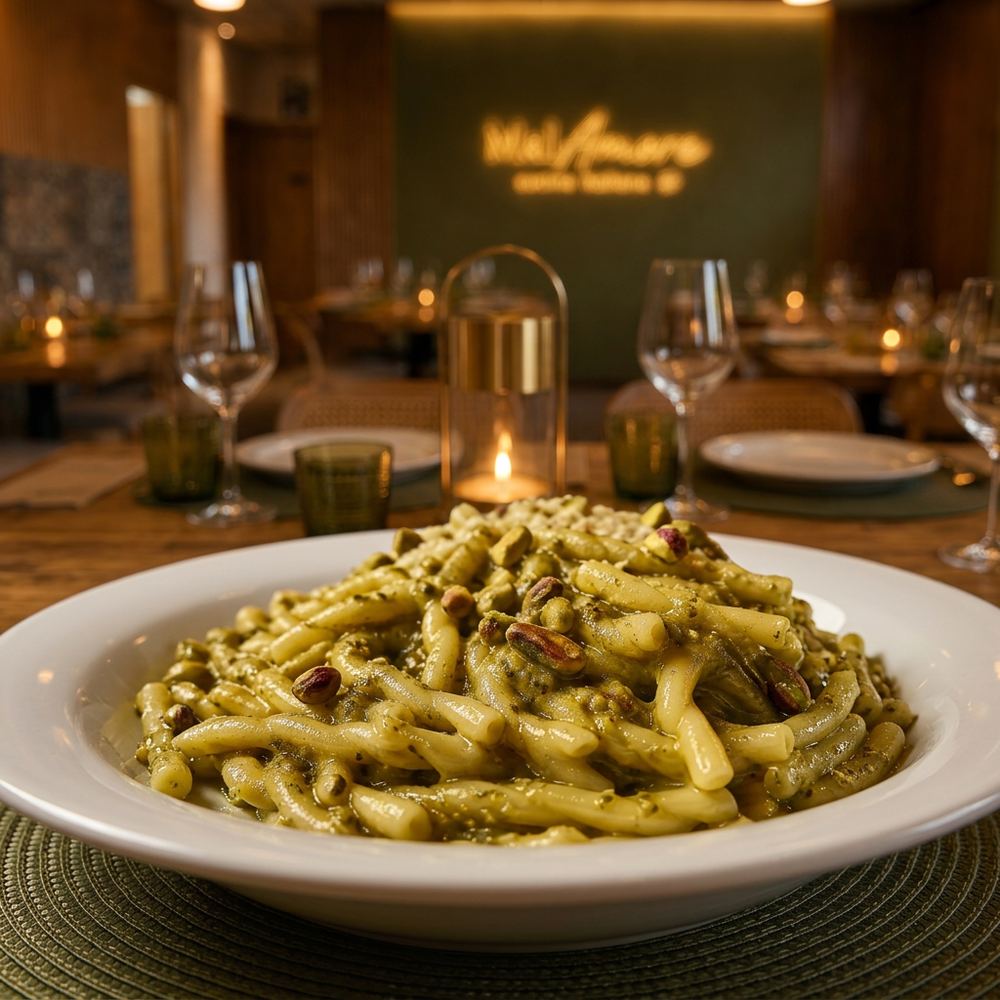 Trofie con Pesto di Pistacchi e Pomodorini Confit / Trofie con Pesto de Pistachos y Tomates Confitados · MalAmore, cucina italiana en Alcobendas